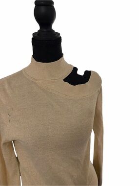 Camila Coelho Beige Mock Neck Sweater with Black Shoulder Cutout